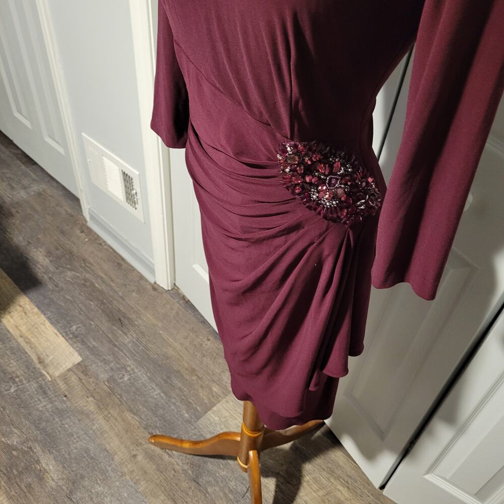 Classic Stretch Ruched Evening Dress Alex Evenings Wine Red Size 6 3/4 Sleeve. - Picture 3 of 10